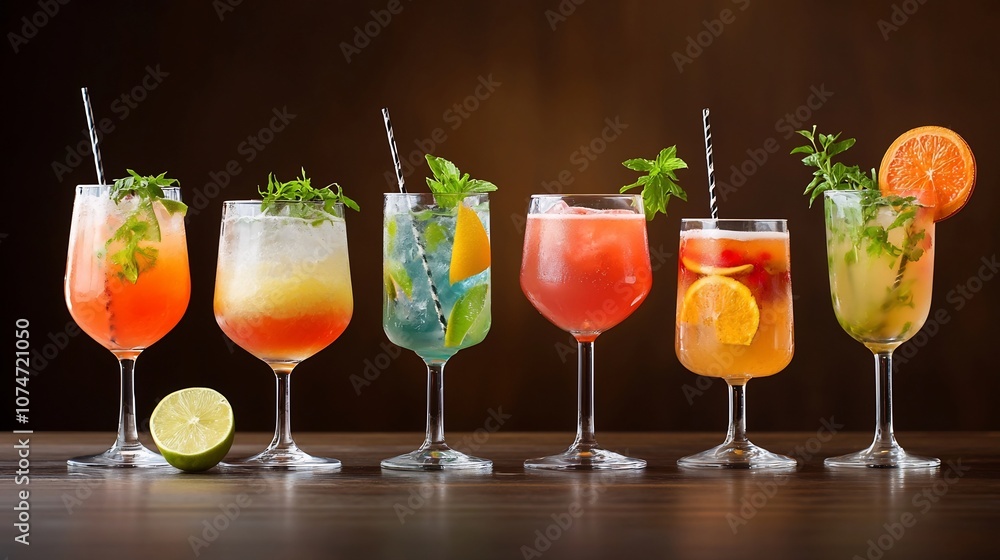 Assorted vibrant cocktails in various glass shapes and styles displayed on a dimly lit bar or tabletop setting with garnishes mixers and other accoutrements creating a premium elegant Assorted vibrant cocktails in various glass shapes and styles displayed on a dimly lit bar or tabletop setting with garnishes mixers and other accoutrements creating a premium elegant