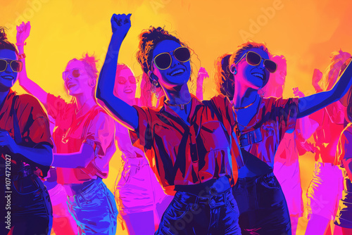 Happy women dancing at a nightclub party to electronic music photo