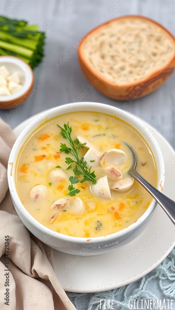 A bowl of creamy Clam Chowder with chunks of potatoes and herbs A bowl of creamy Clam Chowder with chunks of potatoes and herbs