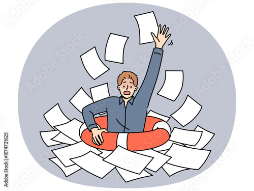 Business man with lifeline is drowning in paperwork, suffering from burnout-causing bureaucracy. Corporate manager guy needs help with digitalization and getting rid of bureaucracy.