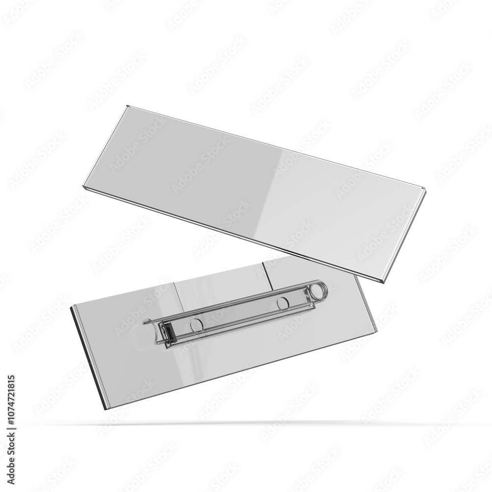 Blank transparent rectangular badge pin brooch. Realistic 3d illustration isolated on white background. Blank transparent rectangular badge pin brooch. Realistic 3d illustration isolated on white background.