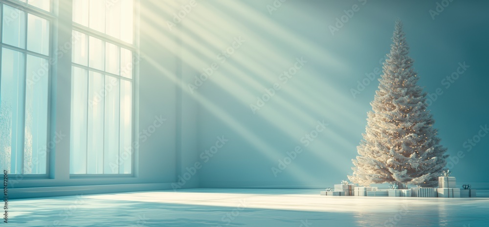 A pure white Christmas tree with twinkling lights stands in an ethereal room with dramatic sunbeams streaming through tall windows. Generative AI A pure white Christmas tree with twinkling lights stands in an ethereal room with dramatic sunbeams streaming through tall windows. Generative AI
