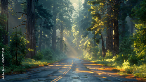 Sunlit forest road under towering pines. photo