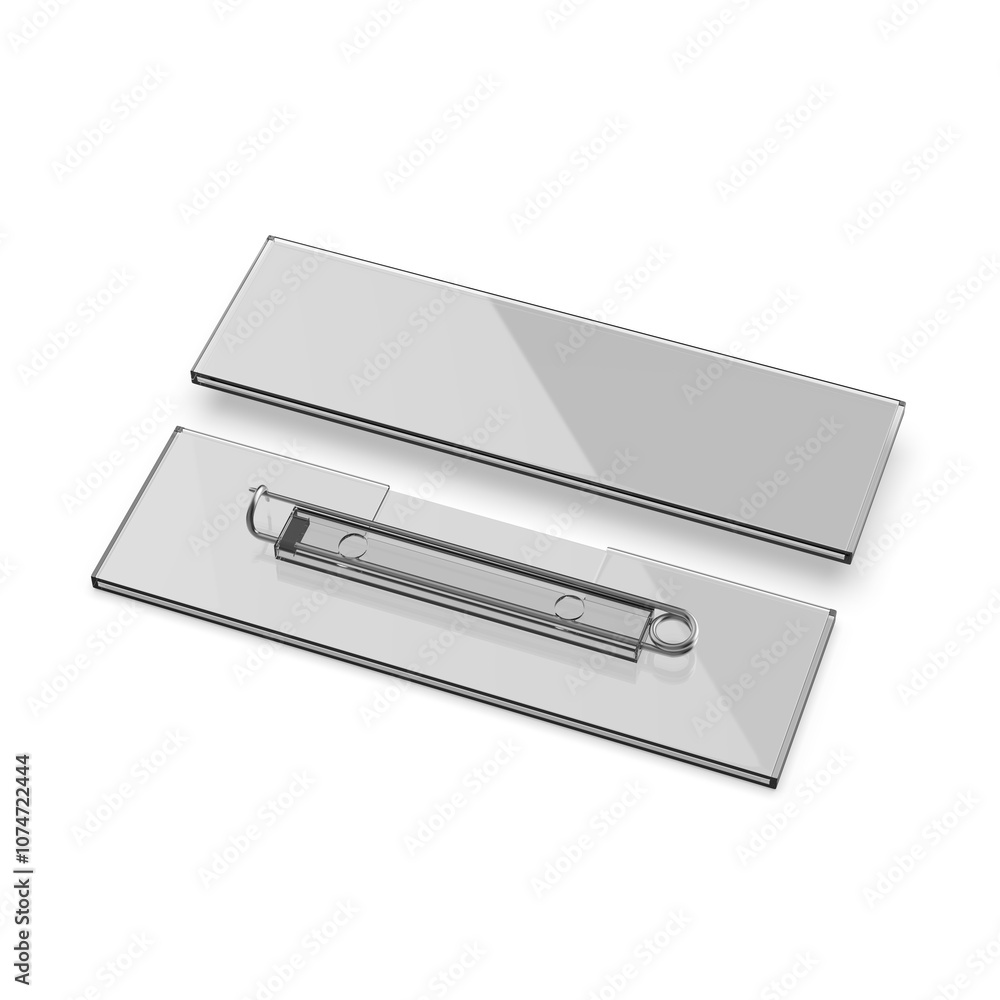 Blank transparent rectangular badge pin brooch. Realistic 3d illustration isolated on white background. Blank transparent rectangular badge pin brooch. Realistic 3d illustration isolated on white background.