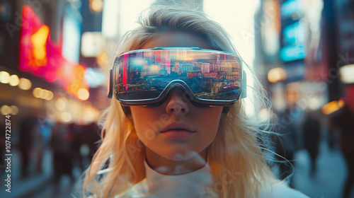 irtual reality. Young blonde woman wearing VR goggles Double exposure - virtual city in the background 