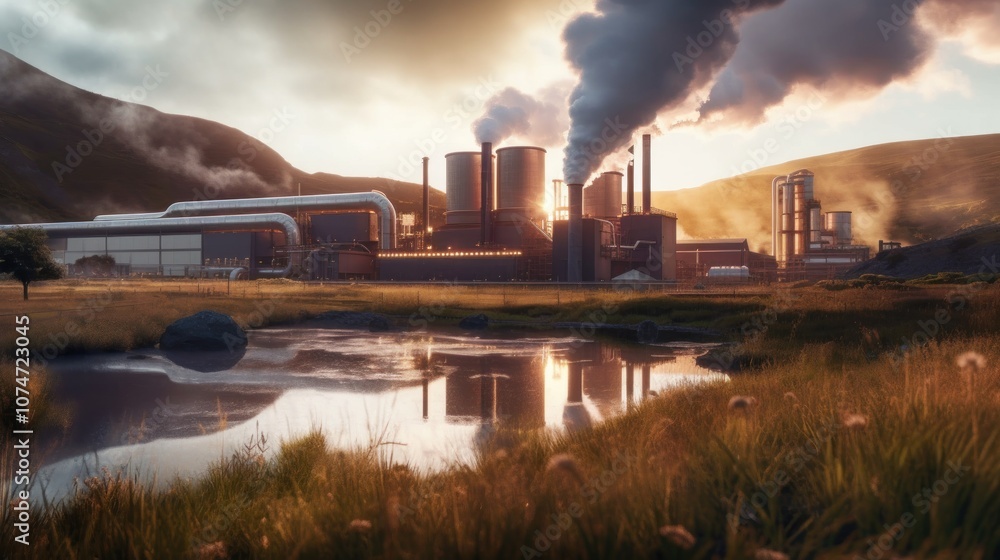 Fototapeta premium Industrial Landscape with Sunset and Smoke