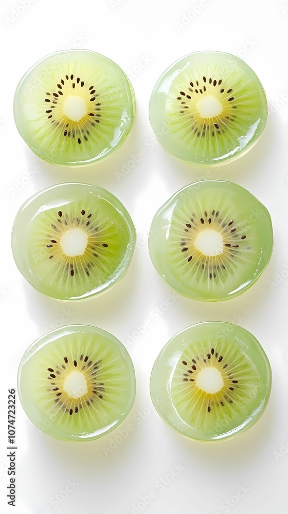 Flat Lay of Kiwi Slices Arranged in a Pattern on White Background Flat Lay of Kiwi Slices Arranged in a Pattern on White Background