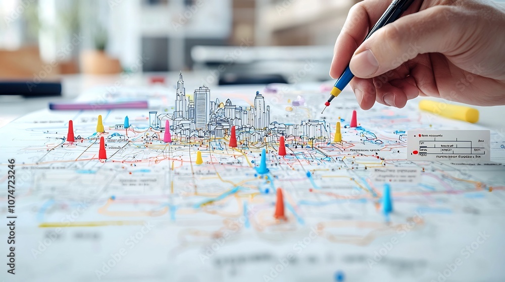 Fototapeta premium Detailed aerial map view showcasing vibrant red blue and yellow markers with a hand actively using a pen to mark various points of interest for navigation analysis and strategic planning