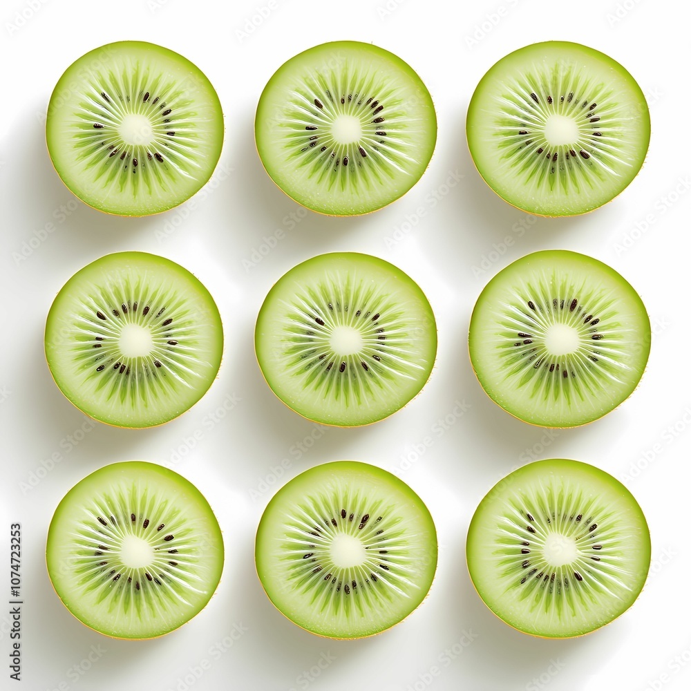 Fototapeta premium Flat Lay of Kiwi Slices Arranged in a Pattern on White Background