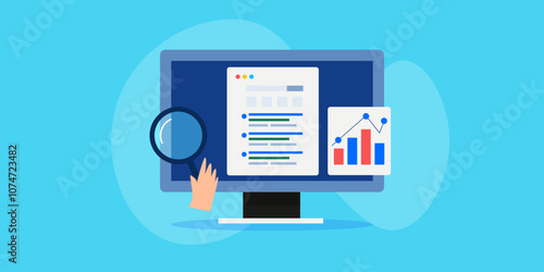 SEO analytics report on screen, list of websites ranking on search page, analytics graph data on web browser, vector illustration.