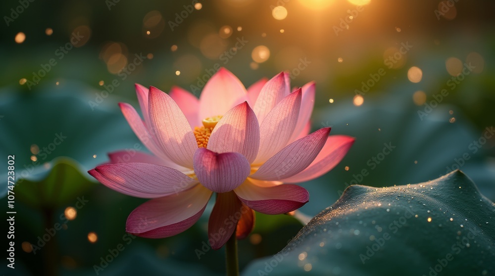 Pink lotus flower in bloom with bokeh lights in the background. Pink lotus flower in bloom with bokeh lights in the background.