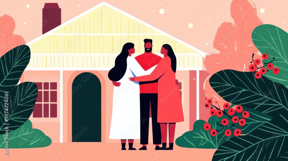 Naklejka premium A warm illustration of three people embracing in front of a charming house, surrounded by vibrant foliage and soft pastel colors.