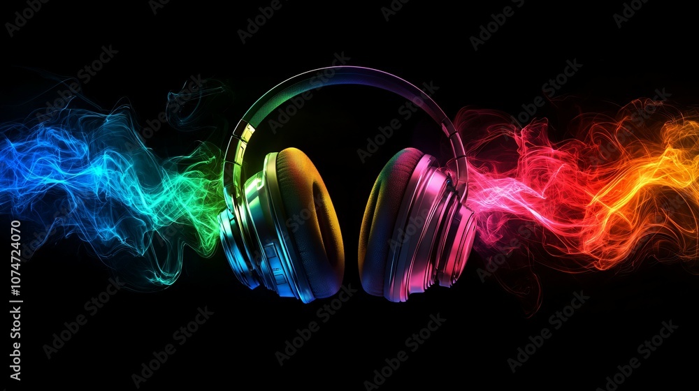 Headphones with colorful sound waves, representing music and audio technology. Headphones with colorful sound waves, representing music and audio technology.