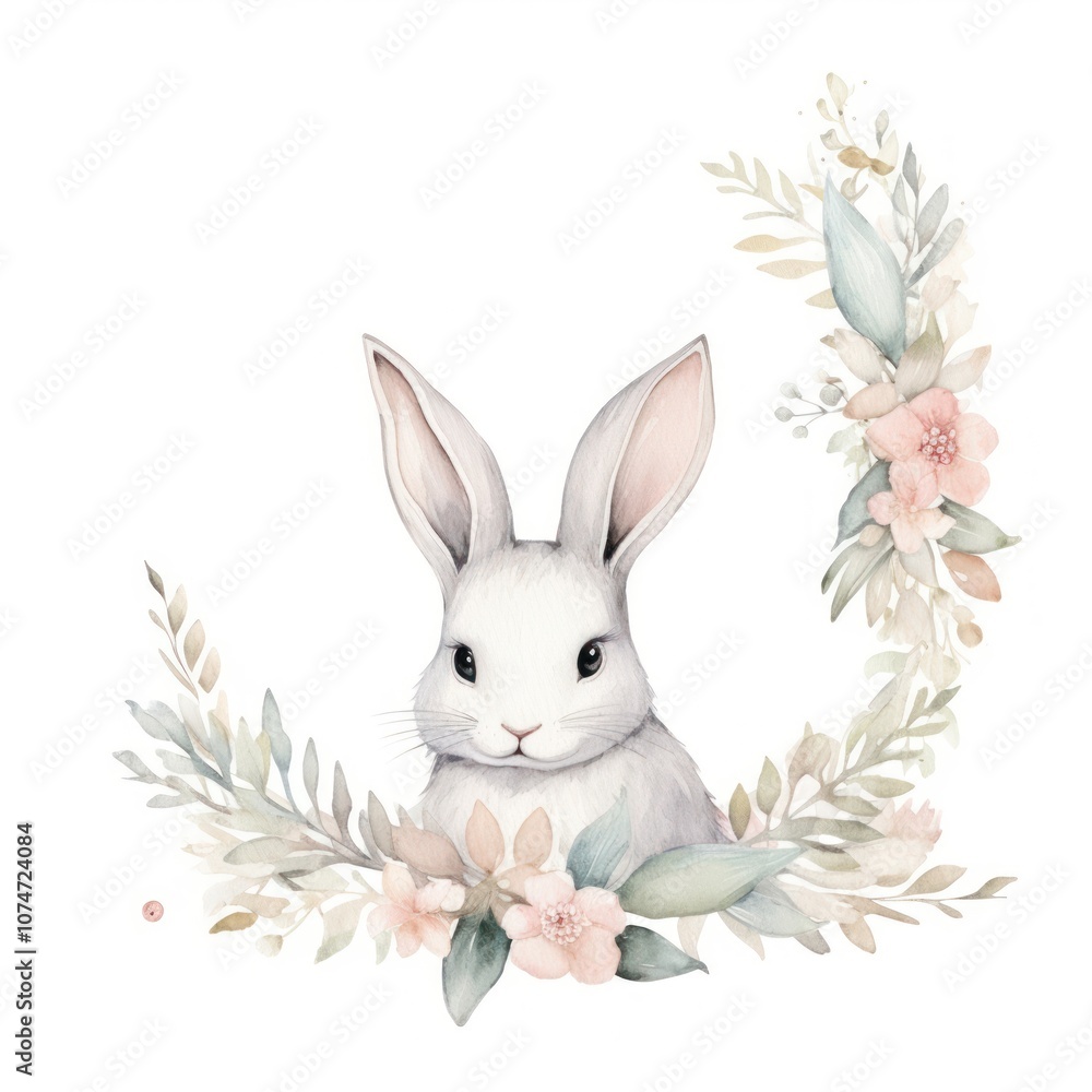 Obraz premium Rabbit and flower frame watercolor drawing animal mammal.