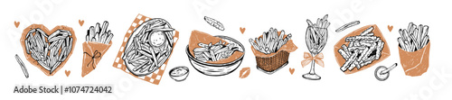 French fries doodle icon set, vector tasty street Paris food hand drawn illustration, fry potato. Delicious junk kitchen print, menu eatery decor design, cone package, cafe snack. French fries meal
