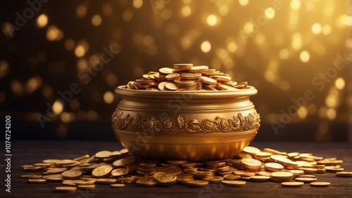 A pot filled with gold coins on a realistic Akshaya Tritiya background.- photo