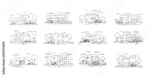 Modern residential apartments black outline vector set. Cottages car private real estate parking personal garage house buildings, countryside luxury life, isolated illustrations