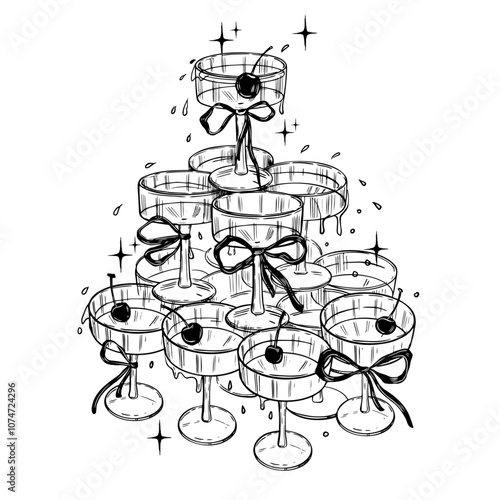 Champagne tower doodle illustration, vector hand drawn wedding coquettish cocktail party design. Wine glass pyramid, celebration alcohol beverages line bar menu icon. Bachelorette champagne tower art