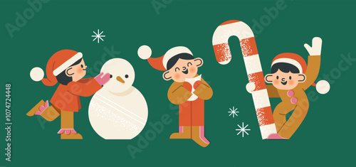 Elves in costumes with Christmas elements. Cute children in hats with a snowman. Characters are Santas helpers with candy. Vector illustration. Isolated design elements