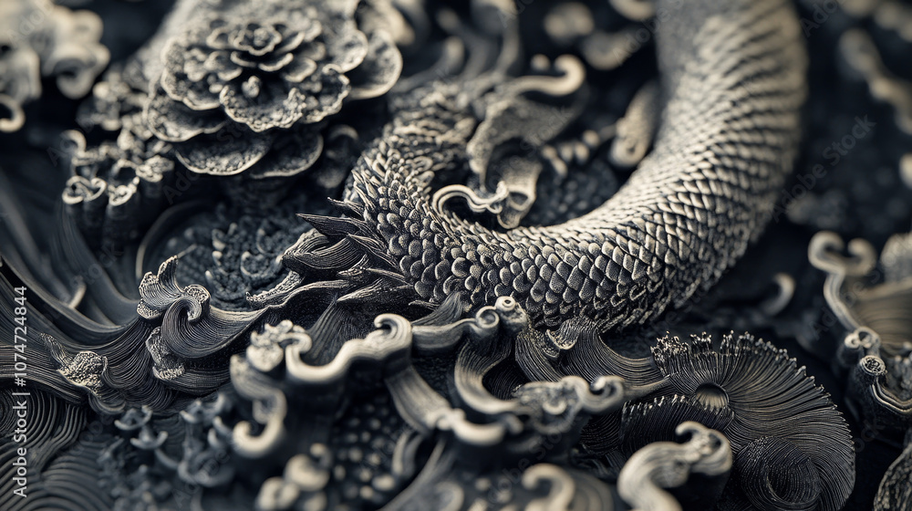 Fototapeta premium Use ultra-fine detailing,with each part of the pattern showing different textures and subtle shading. Every tiny section should feel crafted and intentional, drawing the viewer in to explore each part