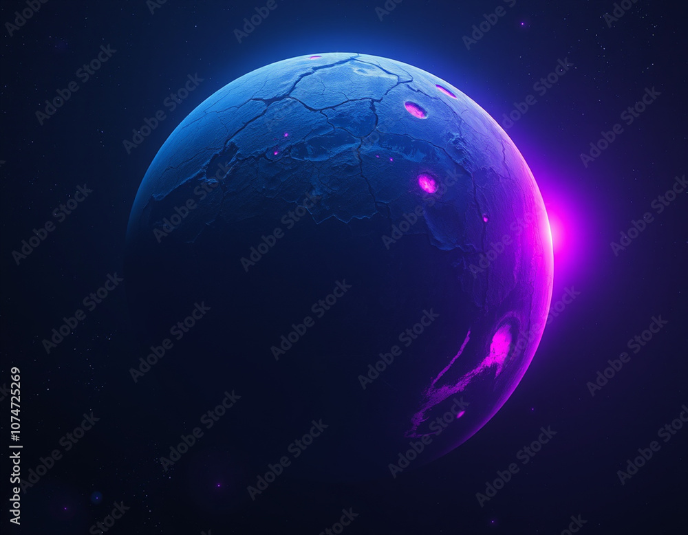 Naklejka premium earth in space haunting scene of a planet with an uneven, cracked surface, dimly bathed in unnatural shades of violet and blue. Soft, ghostly pink light highlights sections of the terrain,