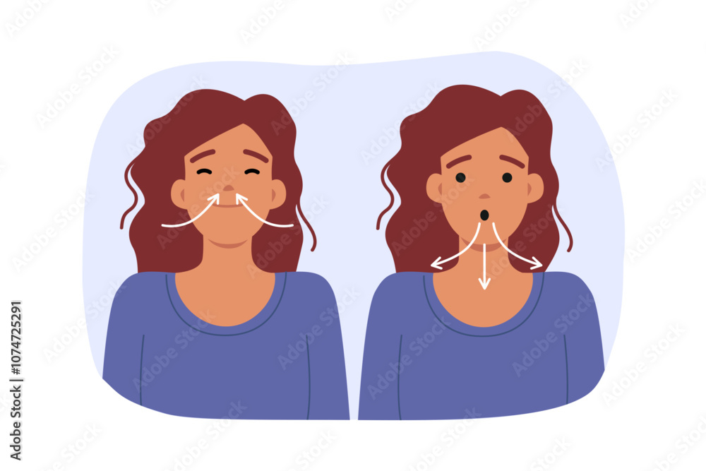 Woman breathing deeply demonstrates how to relieve stress by inhaling through nose and exhaling through mouth. Positive lady is trying to restore mental state using breathing exercises
