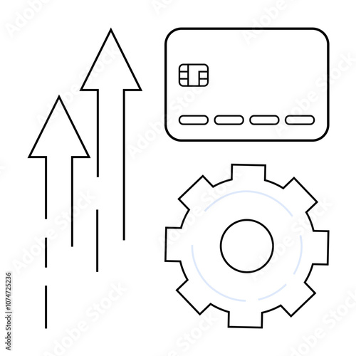 Credit card, gear, and upward arrows representing financial growth, system efficiency, and progress. Ideal for finance, banking, technology, business development fintech automation improvement