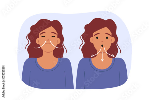 Obraz na płótnie Woman breathing deeply demonstrates how to relieve stress by inhaling through nose and exhaling through mouth. Positive lady is trying to restore mental state using breathing exercises w salonie