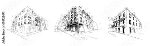 Multi storey building architectural black ink sketch vector illustrations. Perspective corner view modern real estate urban cottages apartments project design, isolated on white background