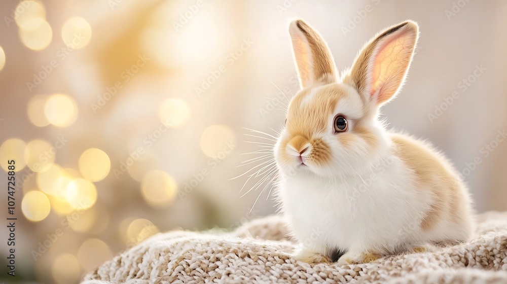 Adorable fluffy bunny sitting comfortably on a soft blanket surrounded by a dreamy golden bokeh backdrop and delicate light flares creating a cozy and peaceful atmosphere Adorable fluffy bunny sitting comfortably on a soft blanket surrounded by a dreamy golden bokeh backdrop and delicate light flares creating a cozy and peaceful atmosphere