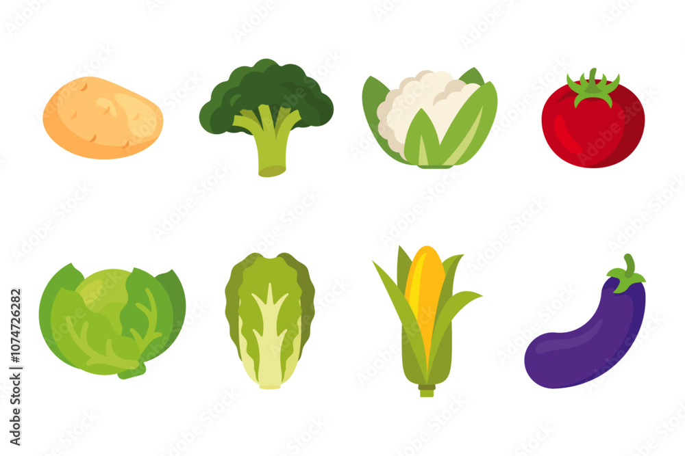 Fototapeta premium Vegetables set with 8 items; isolated flat illustrations in transparent background