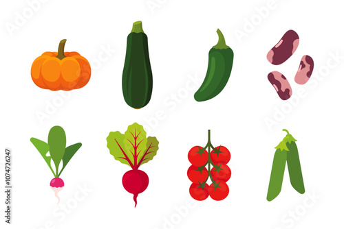 Vegetables set with 8 items; isolated flat illustrations in transparent background