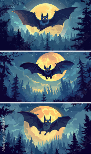 Night bat cartoon vector concepts. Flying soaring fox open wings webbed little vampire, tiny animal dark hunter creature, midnight forest horizon under big full moon illustrations