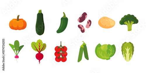 Vegetables set with 12 items; isolated flat illustrations in transparent background