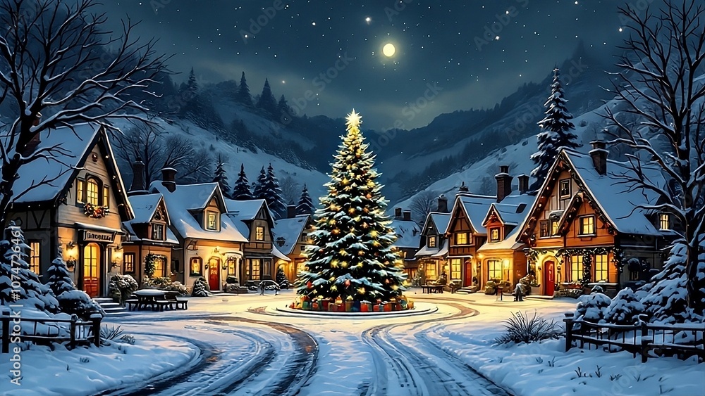 Fototapeta premium Charming Snow-Covered Village with Festively Decorated Houses, Glowing Windows, and a Large Christmas Tree in the Town Square, Illuminated by Soft Street Lights Under a Starlit Sky