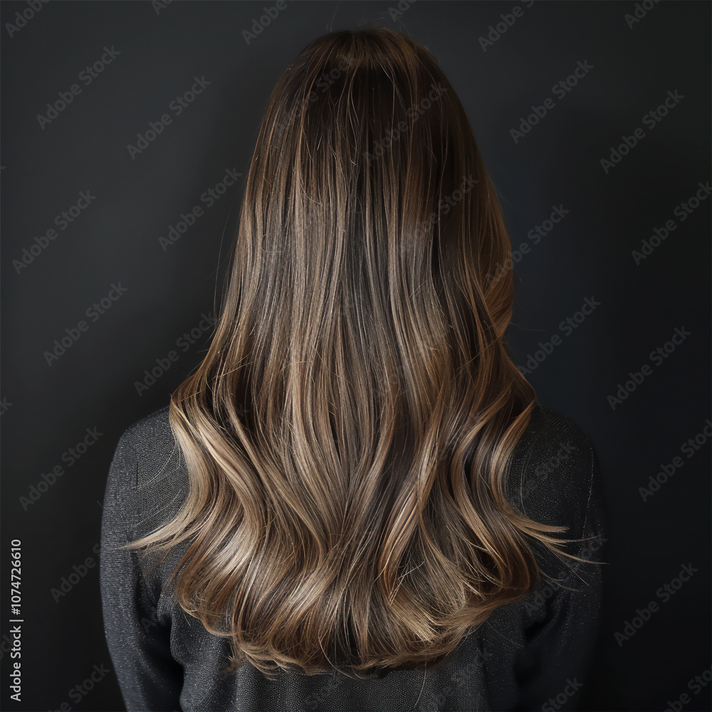 Fototapeta premium female long ash brown hair with highlights, cascading down her back, long wavy hair salon photography