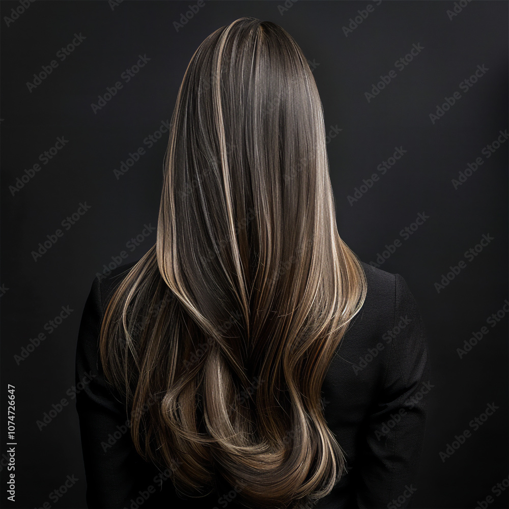 Naklejka premium female long ash brown hair with highlights, cascading down her back, long wavy hair salon photography