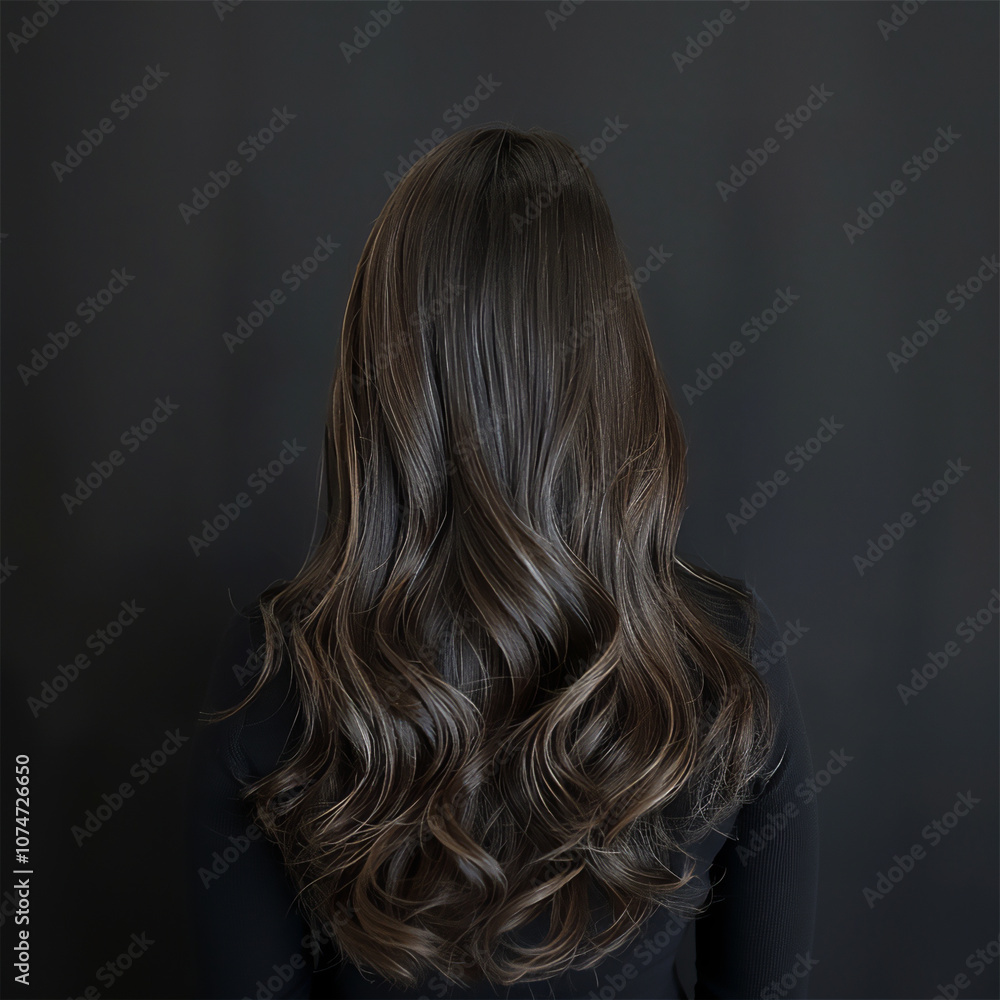 Naklejka premium female long ash brown hair with highlights, cascading down her back, long wavy hair salon photography