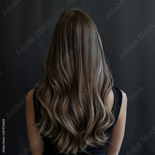 female long ash brown hair with highlights, cascading down her back, long wavy hair salon photography