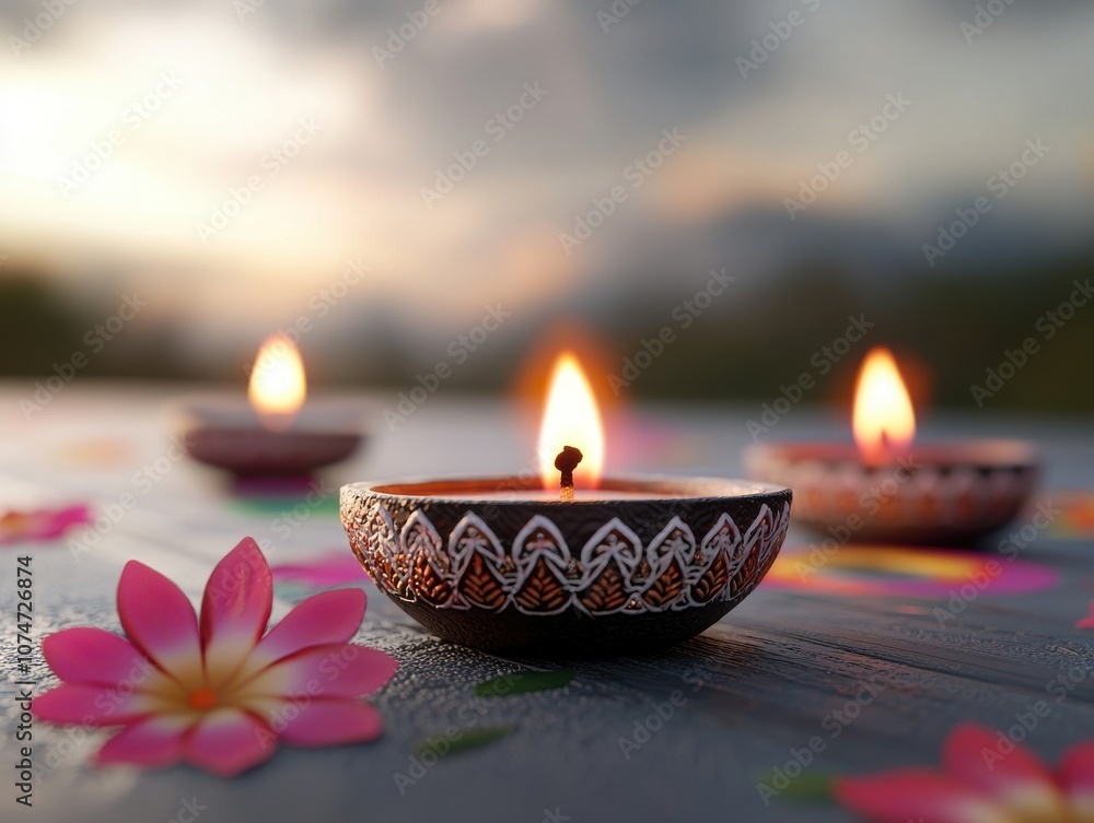 Illuminate your space with beautiful diyas and vibrant flowers for a serene ambiance Illuminate your space with beautiful diyas and vibrant flowers for a serene ambiance