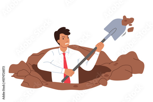 Ambitious business man digs ground with paw in search of treasure or new opportunities for growth. Ambitious sweaty businessman in formal clothes is not afraid to get dirty to achieve goal
