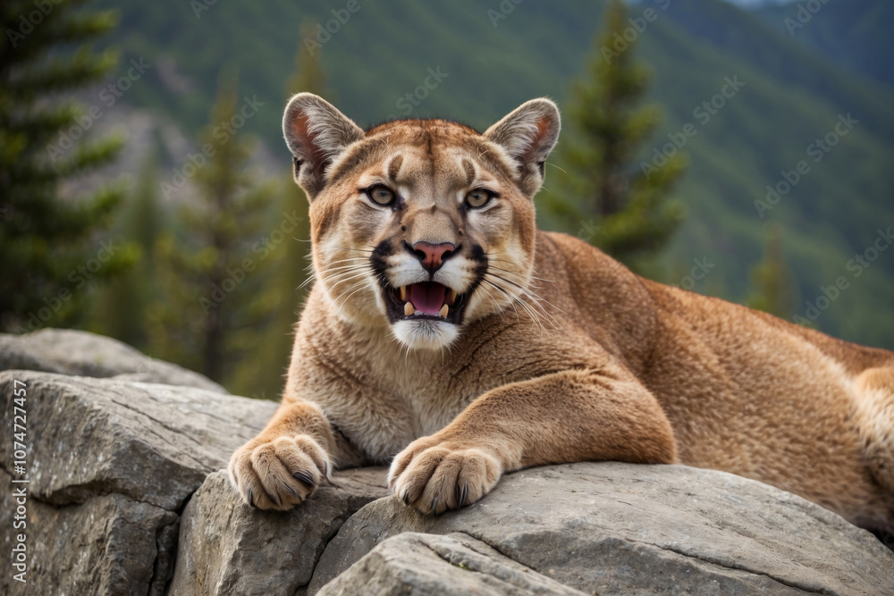 Mountain lion resting on rocky outcrop in the wilderness during daylight hours Mountain lion resting on rocky outcrop in the wilderness during daylight hours