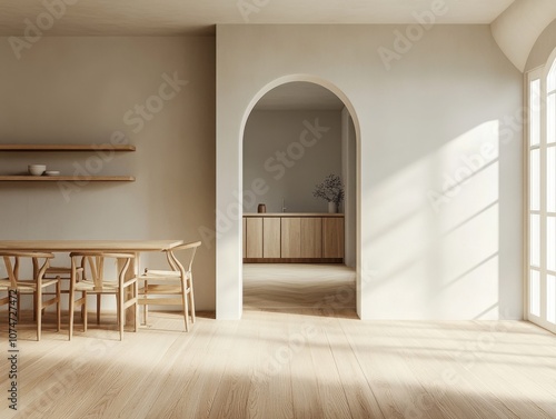 A large archway separates a kitchen from a dining room