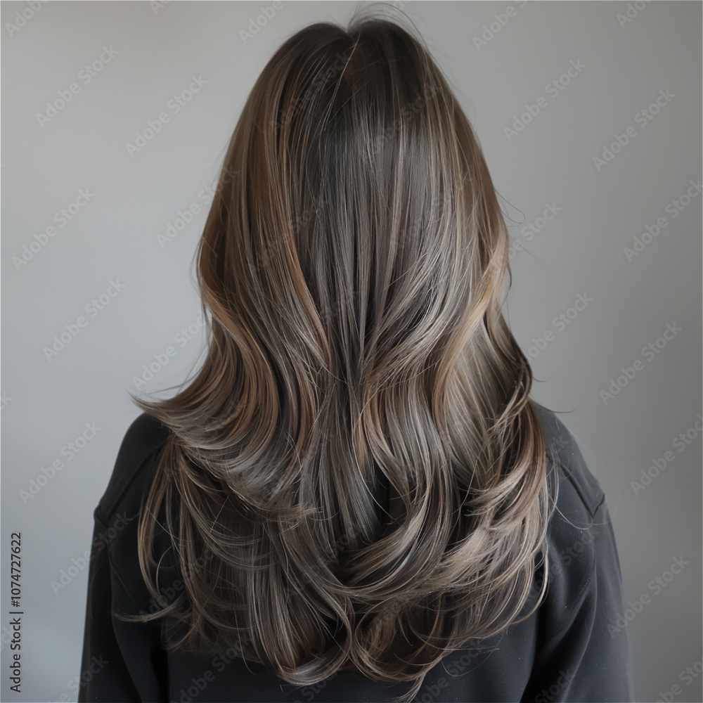 Obraz premium female long ash brown hair with highlights, cascading down her back, long wavy hair salon photography