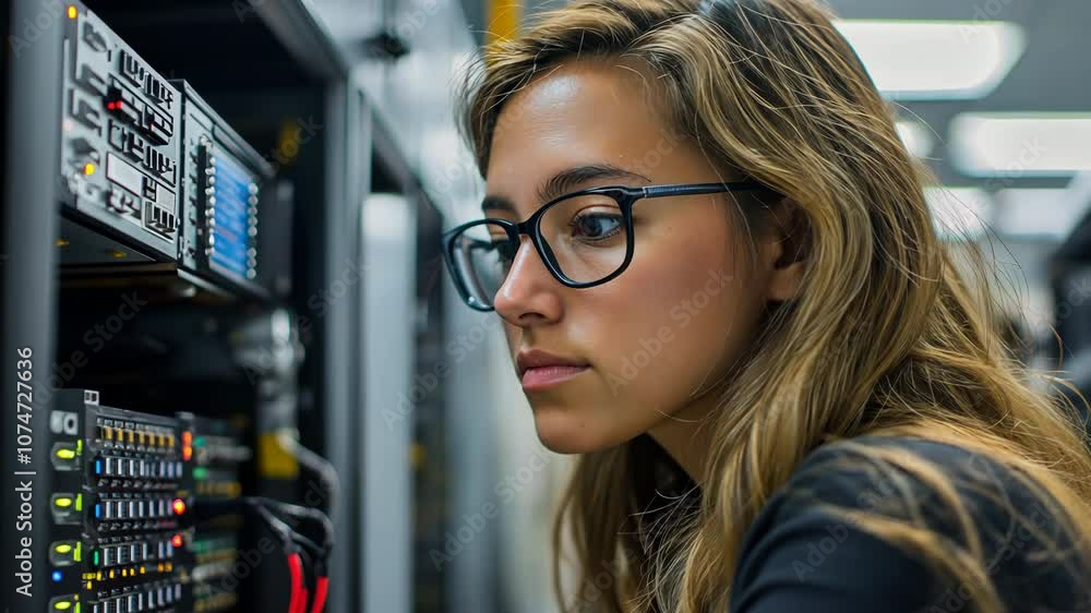 Young female IT technician working on server equipment in data center for technology maintenance, network security, and information management. Professional environment and technical expertise Young female IT technician working on server equipment in data center for technology maintenance, network security, and information management. Professional environment and technical expertise
