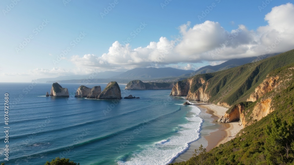 Obraz premium The coastline showcases gentle waves lapping against unique rock formations, with lush greenery on the hillsides and scattered clouds above, creating a peaceful atmosphere