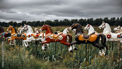 Lively colored carousel horses gallop through grassy field. photo