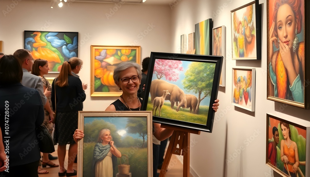 Woman Holding Artwork in Gallery with Paintings and People Woman Holding Artwork in Gallery with Paintings and People