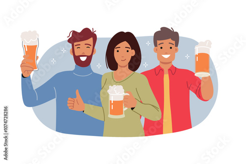 Beer party for positive people holding glasses of foamy ale purchased at bar or nightclub. Cheerful friends showing thumbs up, rejoicing at opportunity to meet and relax in beer restaurant