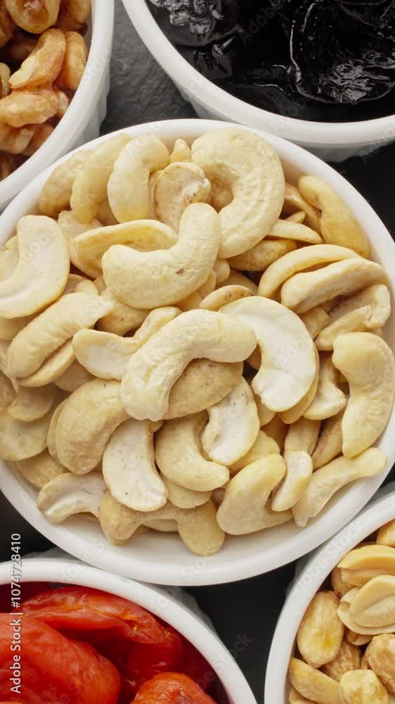 Assortment of dried fruits and nuts rotating in bowls. Natural food background. Dolly zoom in. Mixed dried fruit nuts on plate. Vertical video. Vegan food concept. View from above. Close-up in 4K, UHD Assortment of dried fruits and nuts rotating in bowls. Natural food background. Dolly zoom in. Mixed dried fruit nuts on plate. Vertical video. Vegan food concept. View from above. Close-up in 4K, UHD